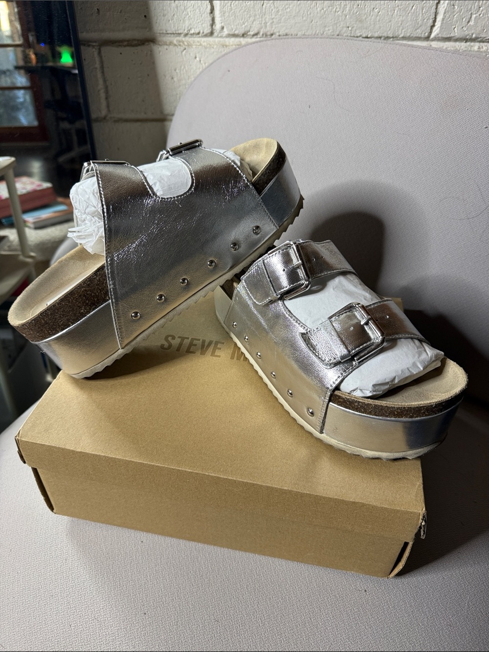 Steve Madden Kids Metallic Silver Double-Buckle Platform Sandals